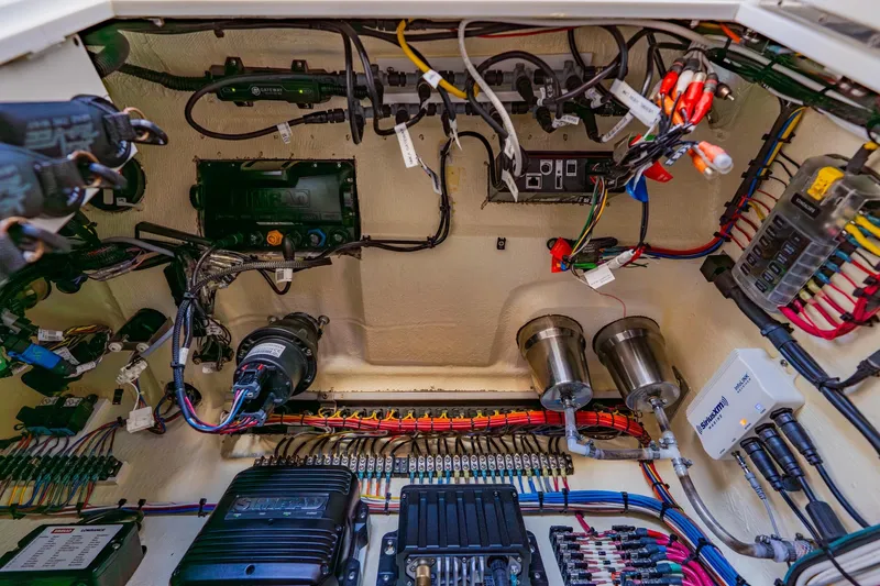  Yacht Photos Pics Electrical system of 2025 SeaVee 370Z boat, showcasing wiring and components.