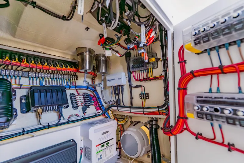  Yacht Photos Pics Electrical wiring and components inside a 2025 SeaVee 370Z boat.