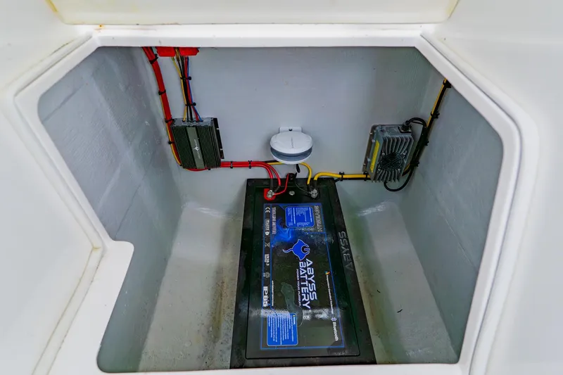  Yacht Photos Pics Battery compartment of 2025 SeaVee 370Z boat, featuring Abyss battery and wiring.