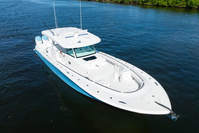  Yacht Photos Pics 2026 HCB 48 Campeon boat on calm water, showcasing sleek design and modern features.