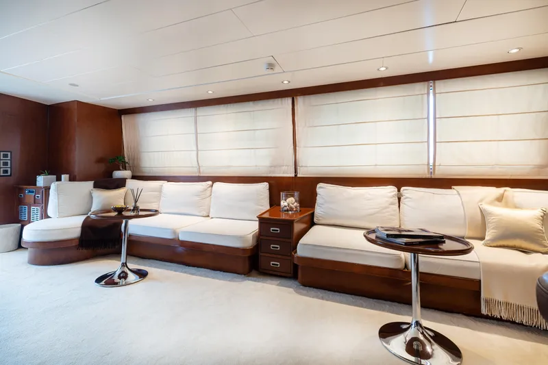 Anonymous Yacht Photos Pics Luxurious yacht interior with elegant seating, wooden accents, and modern decor, Hellenic Shipyards 1981.