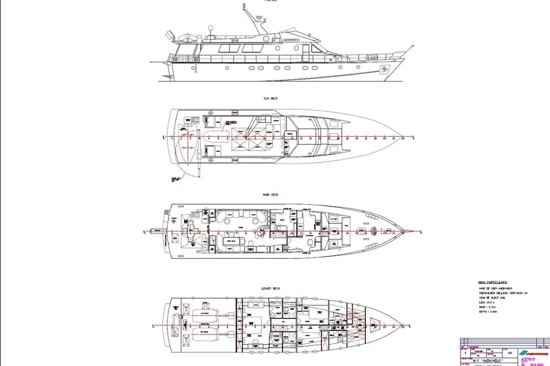 Anonymous Yacht Photos Pics Blueprint of a 1981 Hellenic Shipyards custom yacht, showcasing detailed deck layouts.
