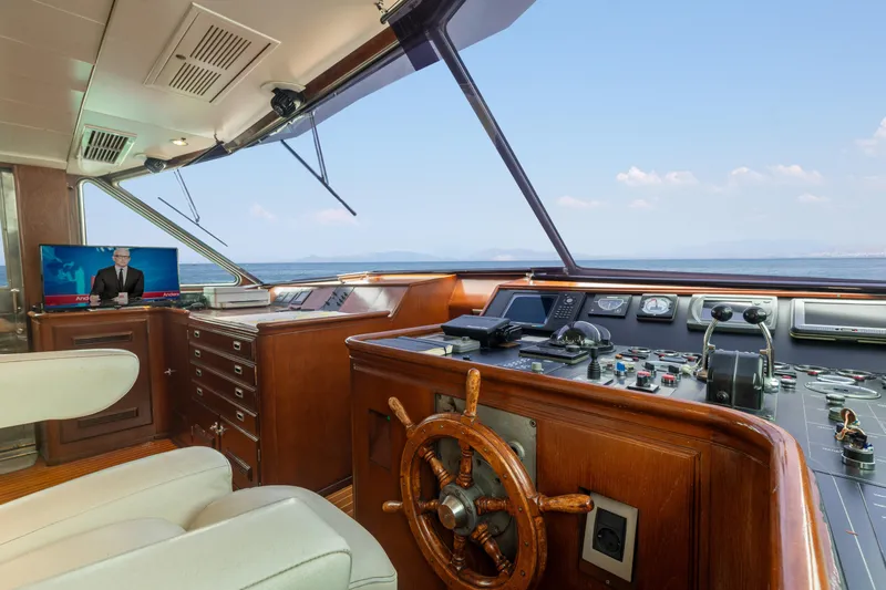 Anonymous Yacht Photos Pics Interior of 1981 Hellenic Shipyards custom yacht with wooden helm and navigation equipment.
