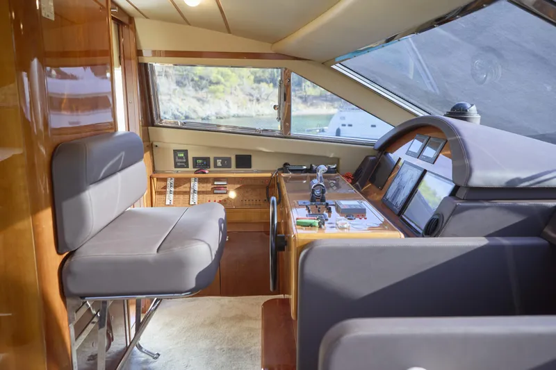  Yacht Photos Pics Luxurious 2004 Ferretti Yachts 680 cockpit with modern controls and plush seating.