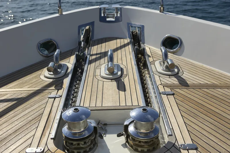  Yacht Photos Pics Deck of 2004 Ferretti Yachts 680 with polished metal fittings and wooden finish.