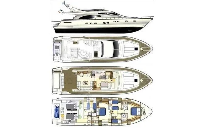  Yacht Photos Pics Blueprint of 2004 Ferretti Yachts 680, showcasing side view and detailed deck layouts.