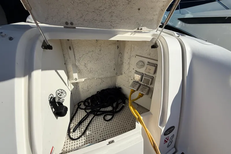 Knock On Wood Yacht Photos Pics 2008 Sea Ray 38 Sundancer electrical compartment with cables and controls.
