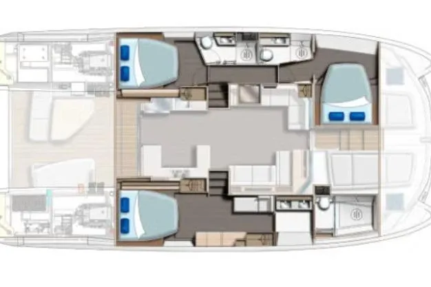 The Office Yacht Photos Pics 2021 Leopard 53 Powercat interior layout with bedrooms, bathrooms, and living areas.