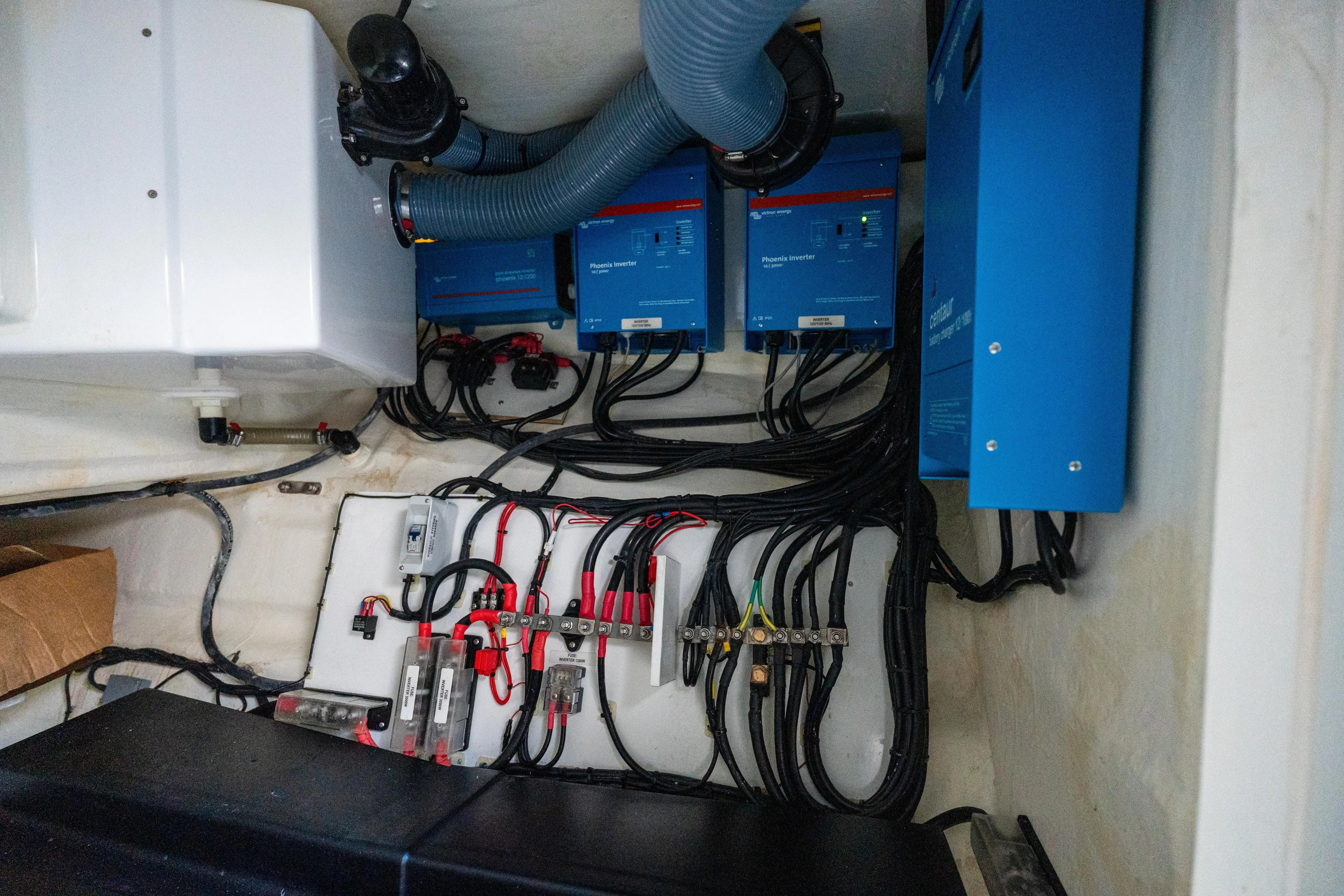 The Office Yacht Photos Pics Electrical system of a 2021 Leopard 53 Powercat with inverters and wiring.