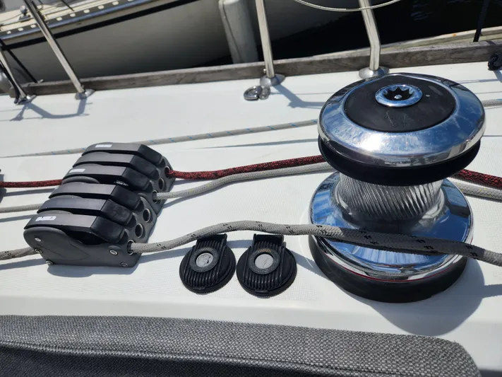 Jump Off Yacht Photos Pics Close-up of Beneteau Sense 50 sailboat winch and rope clutches, 2011 model.