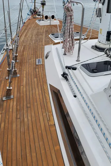 Tapestry Yacht Photos Pics 1989 Tayana 55 sailboat deck with teak wood and rigging details.