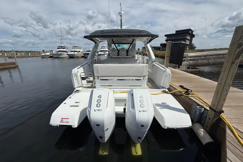  Yacht Photos Pics 2026 Jeanneau DB/37 OB boat docked with twin Mercury 400 V10 engines.