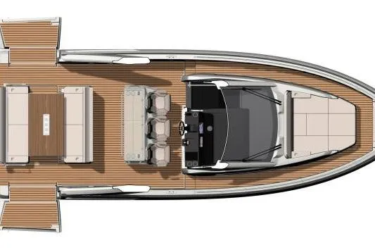  Yacht Photos Pics Top view of 2026 Jeanneau DB/37 OB boat layout with seating and helm.