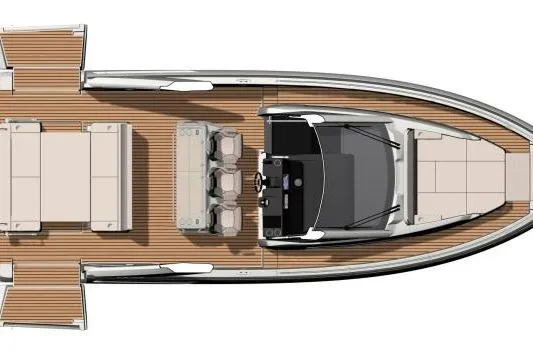  Yacht Photos Pics Top view of 2026 Jeanneau DB/37 OB boat layout with seating and helm.