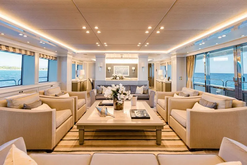 Tayrona Yacht Photos Pics Luxurious interior of 2012 Sunseeker 131 Yacht with elegant seating and ocean views.