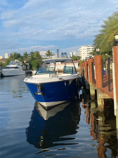  Yacht Photos Pics 2019 Monterey 378 boat docked by waterfront with cityscape background.