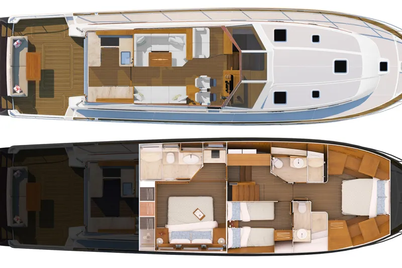  Yacht Photos Pics Top and side view layout of 2021 Sabre 58 Salon Express yacht interior.