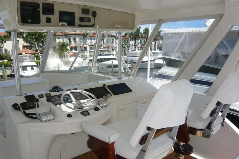 Bella Donna Yacht Photos Pics Cockpit of 1999 Ocean Yachts 56, featuring modern controls and comfortable seating.