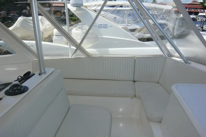 Bella Donna Yacht Photos Pics Interior view of a 1999 Ocean Yachts 56, featuring white seating and navigation equipment.