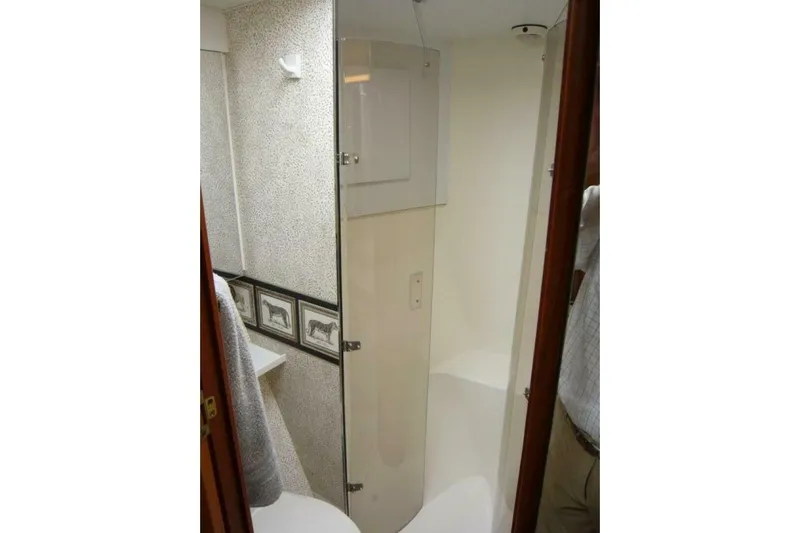 Bella Donna Yacht Photos Pics Bathroom interior of 1999 Ocean Yachts 56, featuring a shower and decorative wall tiles.