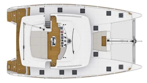 Bada Bing Yacht Photos Pics Top view of 2014 Lagoon 52 catamaran layout, featuring spacious deck and helm station.