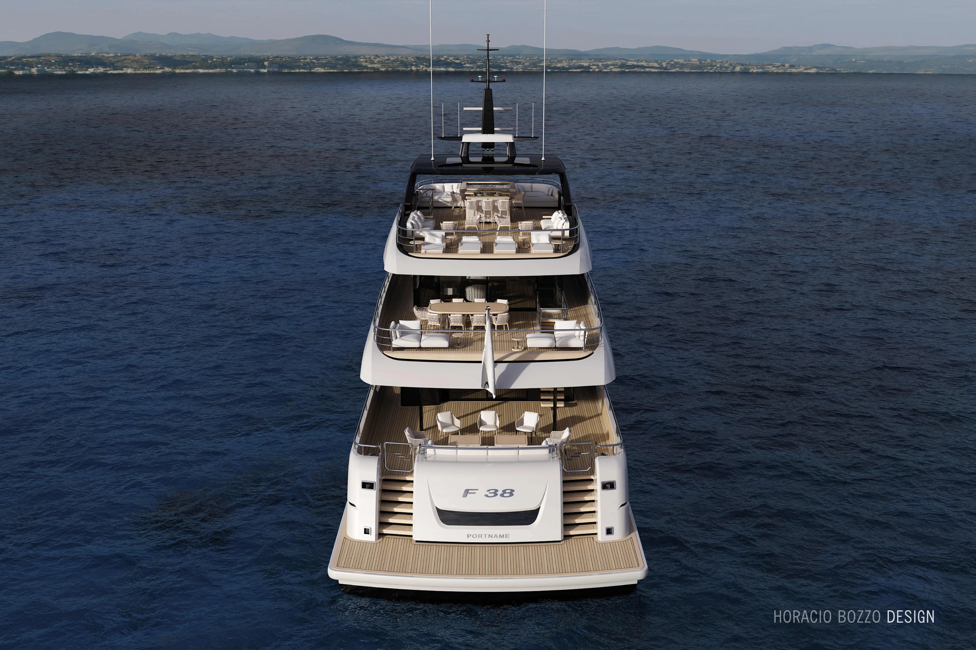  Yacht Photos Pics Luxurious 2028 Falcon Yachts 38 on serene ocean, showcasing elegant multi-deck design.