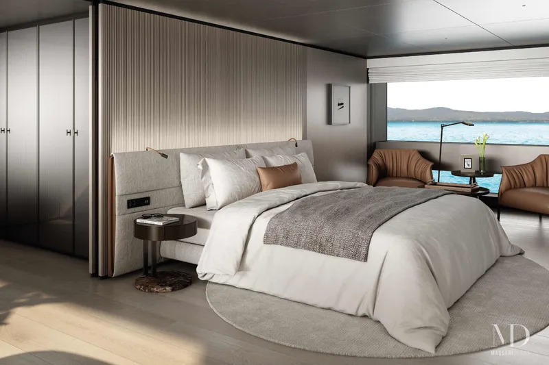  Yacht Photos Pics Luxurious bedroom interior on Falcon Yachts 38, 2028 model, featuring ocean view and modern design.