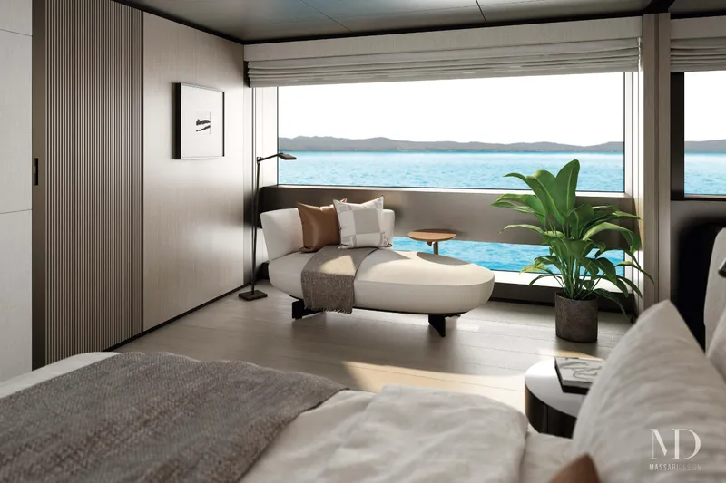  Yacht Photos Pics Luxurious interior of 2028 Falcon Yachts 38 with ocean view and modern decor.