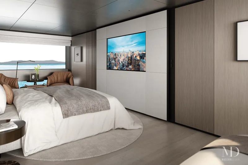  Yacht Photos Pics Luxurious bedroom interior of 2028 Falcon Yachts 38, featuring modern design and scenic ocean view.