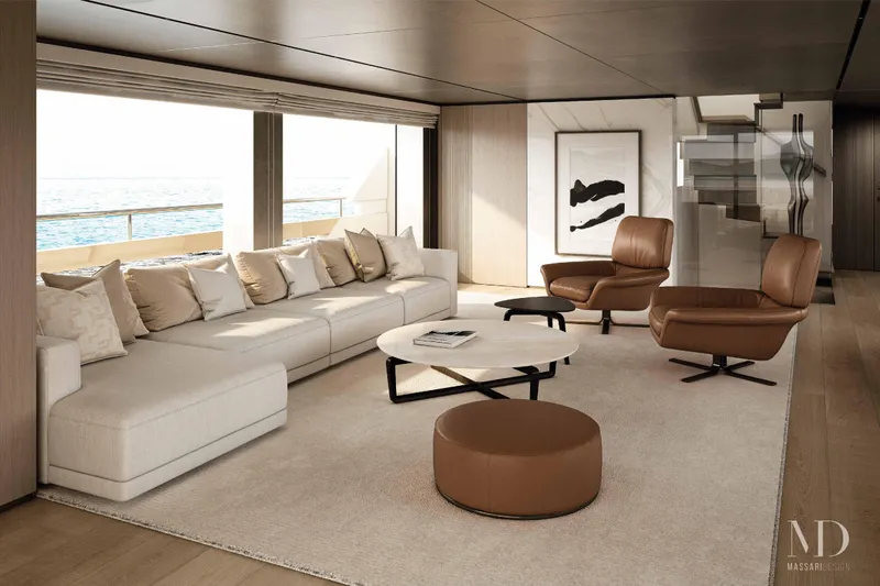  Yacht Photos Pics Luxurious interior of 2028 Falcon Yachts 38, featuring elegant seating and modern decor.