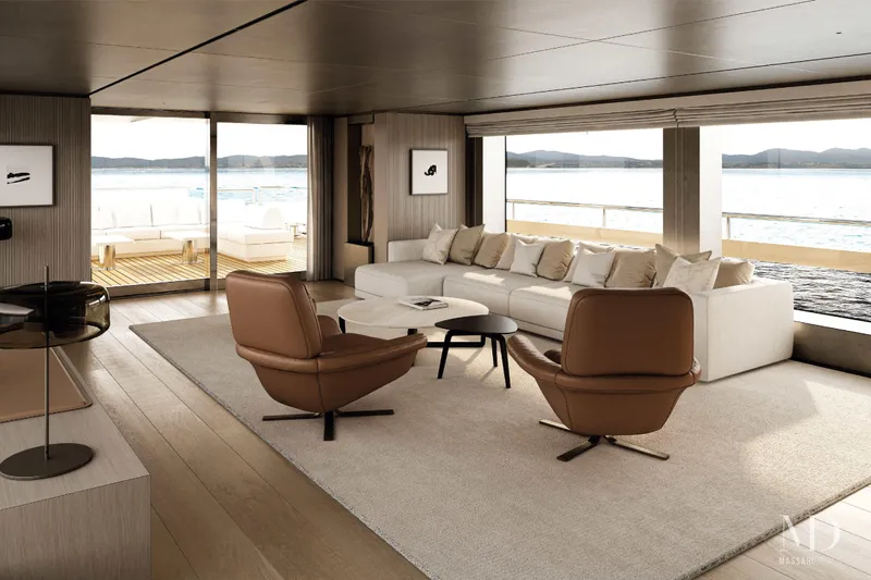  Yacht Photos Pics Luxurious interior of 2028 Falcon Yachts 38, featuring modern seating and panoramic ocean views.