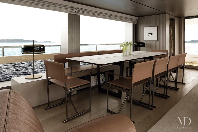  Yacht Photos Pics Luxurious dining area on 2028 Falcon Yachts 38, featuring elegant seating and ocean views.