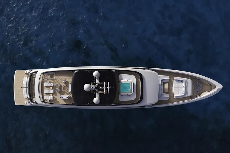  Yacht Photos Pics Aerial view of 2028 Falcon Yachts 38 luxury yacht on the ocean.