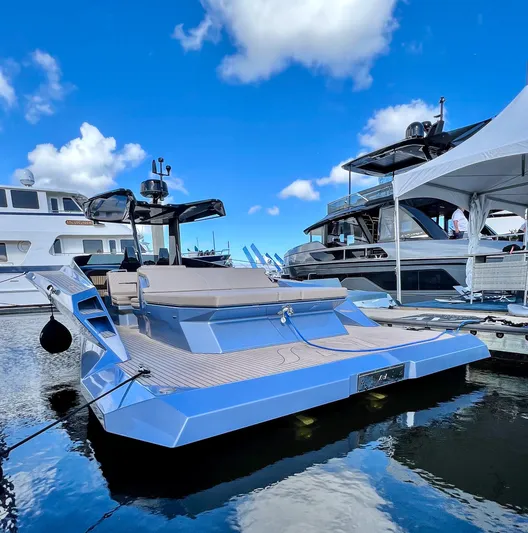 Say Carbon Yachts 42 Yacht Photos Pics 2023 SAY Carbon Yachts 42 docked at marina under blue sky.