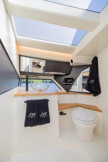 Say Carbon Yachts 42 Yacht Photos Pics Modern bathroom in 2023 SAY Carbon Yachts 42 with skylight and sleek design.