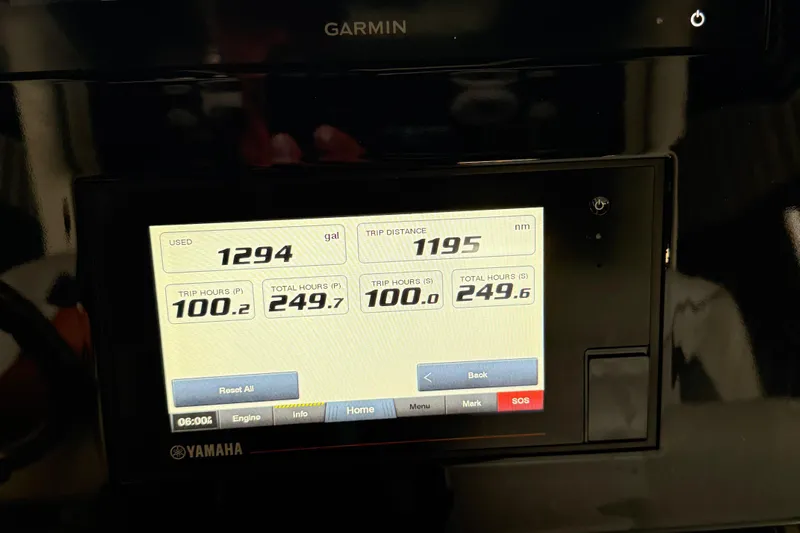  Yacht Photos Pics Garmin display on 2022 Pursuit S 328 Sport showing fuel and trip data.