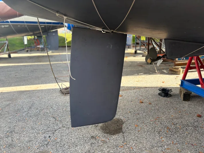 Amadeus Yacht Photos Pics Catalina 355 sailboat rudder and propeller, 2014 model, on dry dock.