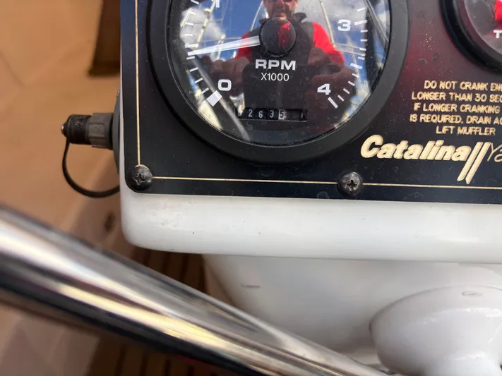 Amadeus Yacht Photos Pics Close-up of a 2014 Catalina 355 RPM gauge, showing 2635 hours.