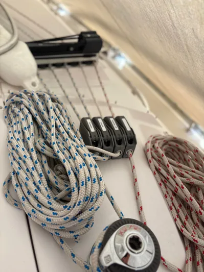 Amadeus Yacht Photos Pics Close-up of sailing ropes and pulleys on a 2014 Catalina 355 yacht.