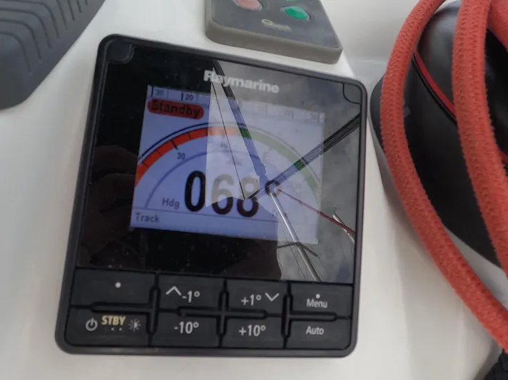 Reaching Heaven Yacht Photos Pics Raymarine navigation display on 2019 Jeanneau Sun Odyssey 389 sailboat, showing heading and standby mode.