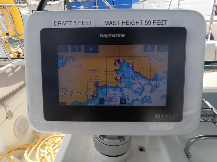 Reaching Heaven Yacht Photos Pics Raymarine navigation display on 2019 Jeanneau Sun Odyssey 389 sailboat, showing map and boat specifications.
