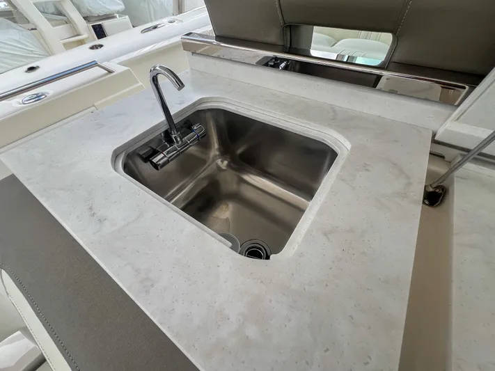  Yacht Photos Pics Luxury yacht sink with modern faucet on Tiara Yachts 2023 model 38 LS.