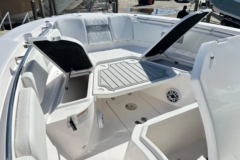  Yacht Photos Pics 2026 Sea Fox 288 Commander boat interior with open storage compartments and seating.