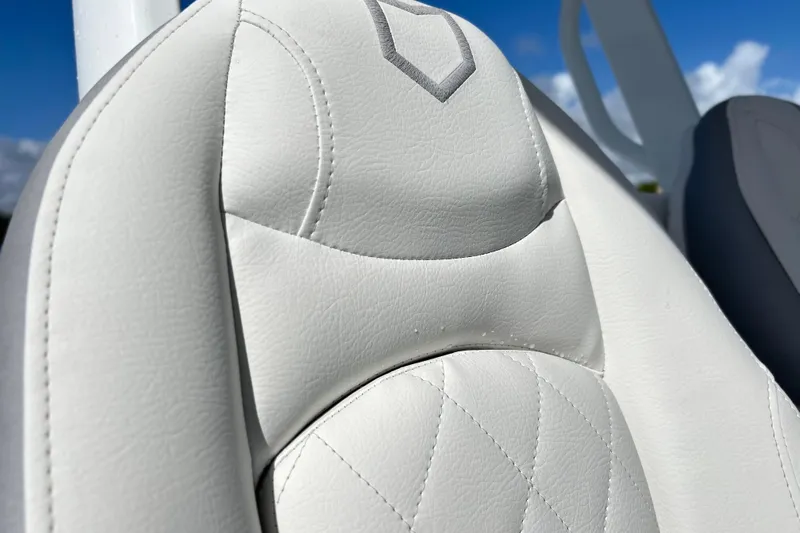  Yacht Photos Pics Close-up of 2026 Sea Fox 288 Commander white leather seat with stitching detail.