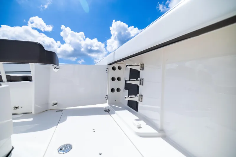 Mama Gato Yacht Photos Pics 2022 World Cat 400 CC-X boat interior with storage compartments under a bright blue sky.