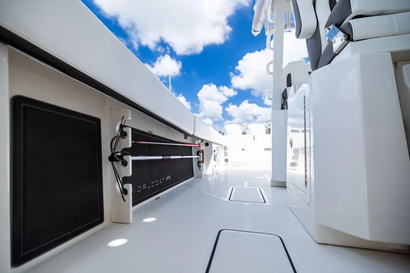 Mama Gato Yacht Photos Pics 2022 World Cat 400 CC-X boat interior with sleek design and clear blue sky.