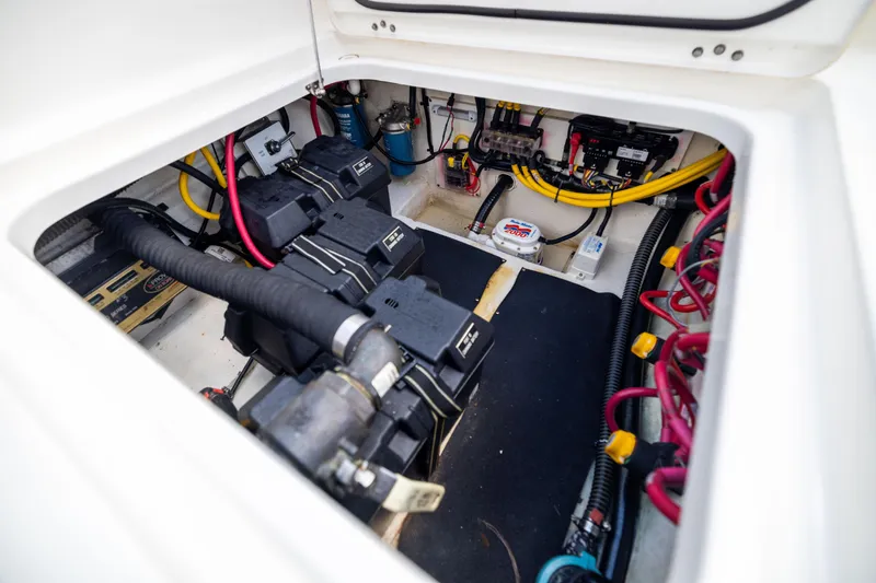 Mama Gato Yacht Photos Pics Engine compartment of 2022 World Cat 400 CC-X with visible wiring and components.