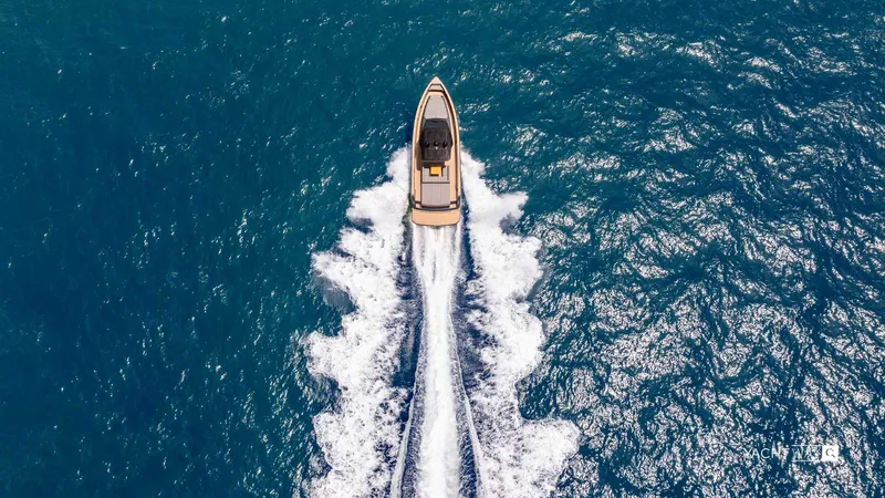 Available Now Yacht Photos Pics Aerial view of 2025 Pardo Yachts P50 cruising on open blue sea.