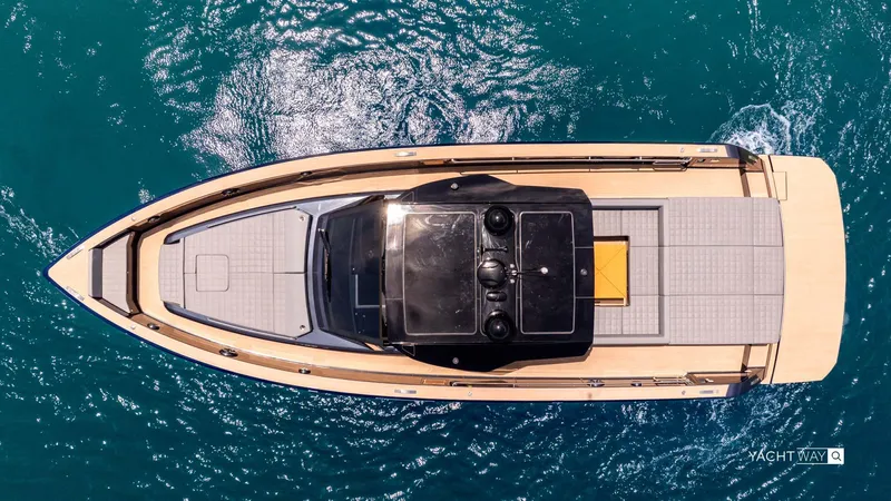 Available Now Yacht Photos Pics Top view of 2025 Pardo Yachts P50 luxury yacht on blue ocean water.