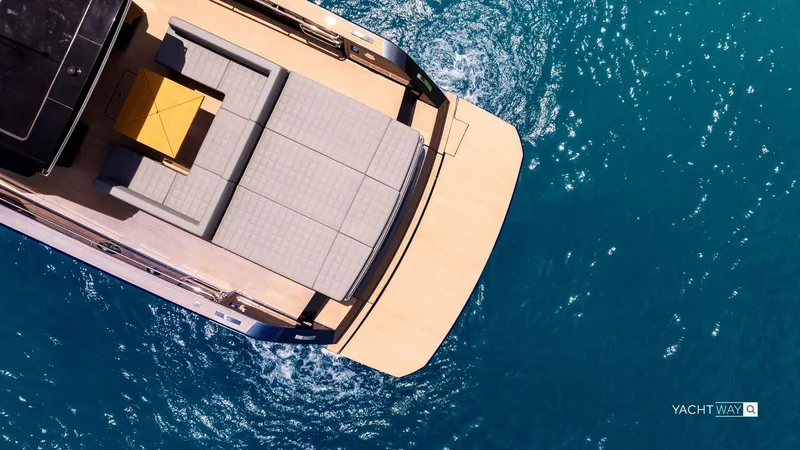 Available Now Yacht Photos Pics Aerial view of 2025 Pardo Yachts P50 on clear blue water.